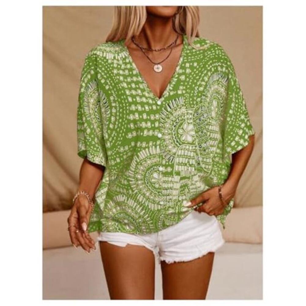 Women’s Green Boho V-Neck 3/4 Sleeve Blouse Vintage 70s Summer Top